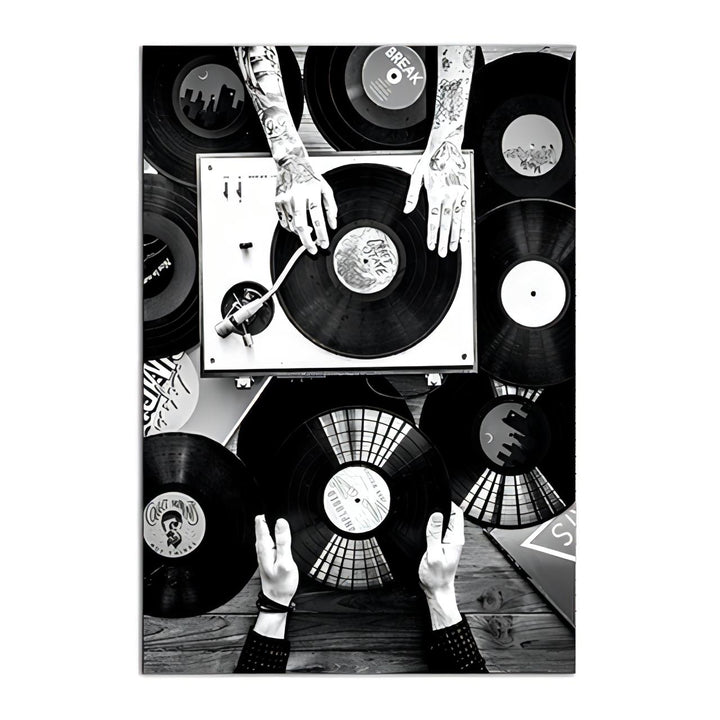 VibeCore Black & White Vinyl Canvas Prints Option D: Tattoed hands on record player and another 2 hands holding vinyl with vinyls displayed underneath