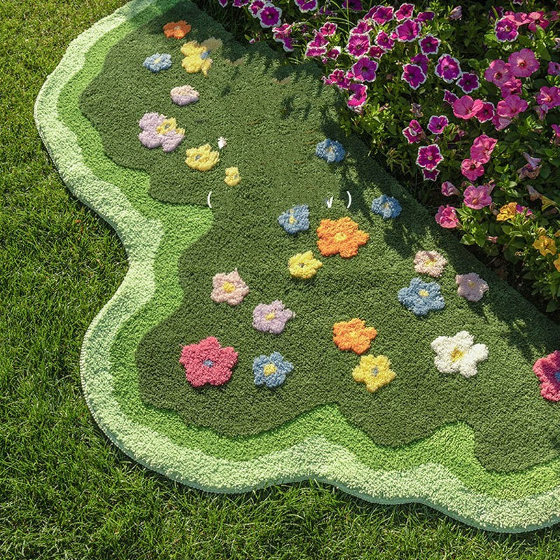 VibeCore Blooming Garden Accent Rug in aerial view showcasing vibrant floral design with green and colorful tones, ideal for bedroom, dorm, or nature-inspired decor.