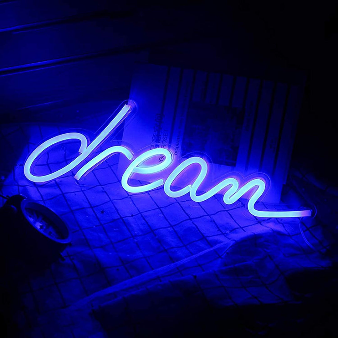 VibeCore Blue Cursive Dream Neon Light in soft, glowing blue cursive font, creating a soothing and ambient atmosphere in any room.