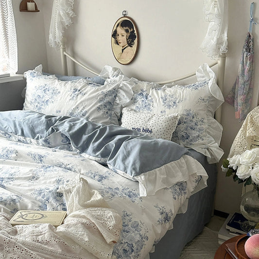 VibeCore Blue Florals Ruffled Duvet Cover Set Angled Side View