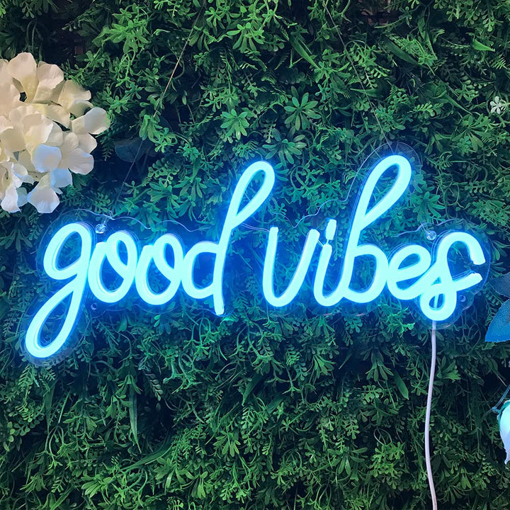 VibeCore Blue Good Vibes Cursive Neon Light On Boxwood
