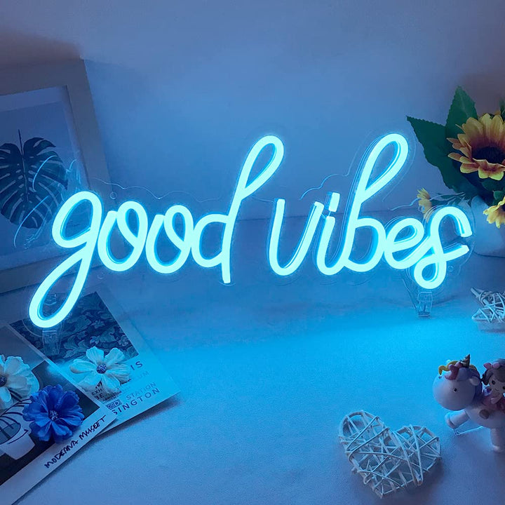 VibeCore Blue Good Vibes Cursive Neon Light On Dresser