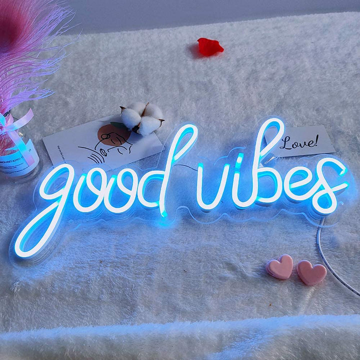 VibeCore Blue Good Vibes Cursive Neon Light On Table