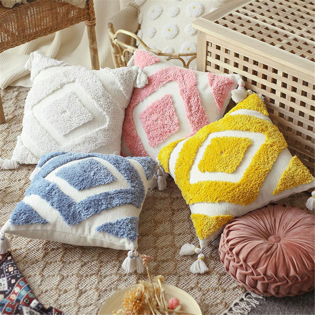 VibeCore Bohemian Fringe Throw Pillow Cover - Top View of Blue, White, Light Pink, and Yellow Colors, Soft Chenille Fabric, Tufted Pattern with Fringe Detail, Boho Chic Decor for Sofa, Bed, Chair, Cozy & Textured Aesthetic