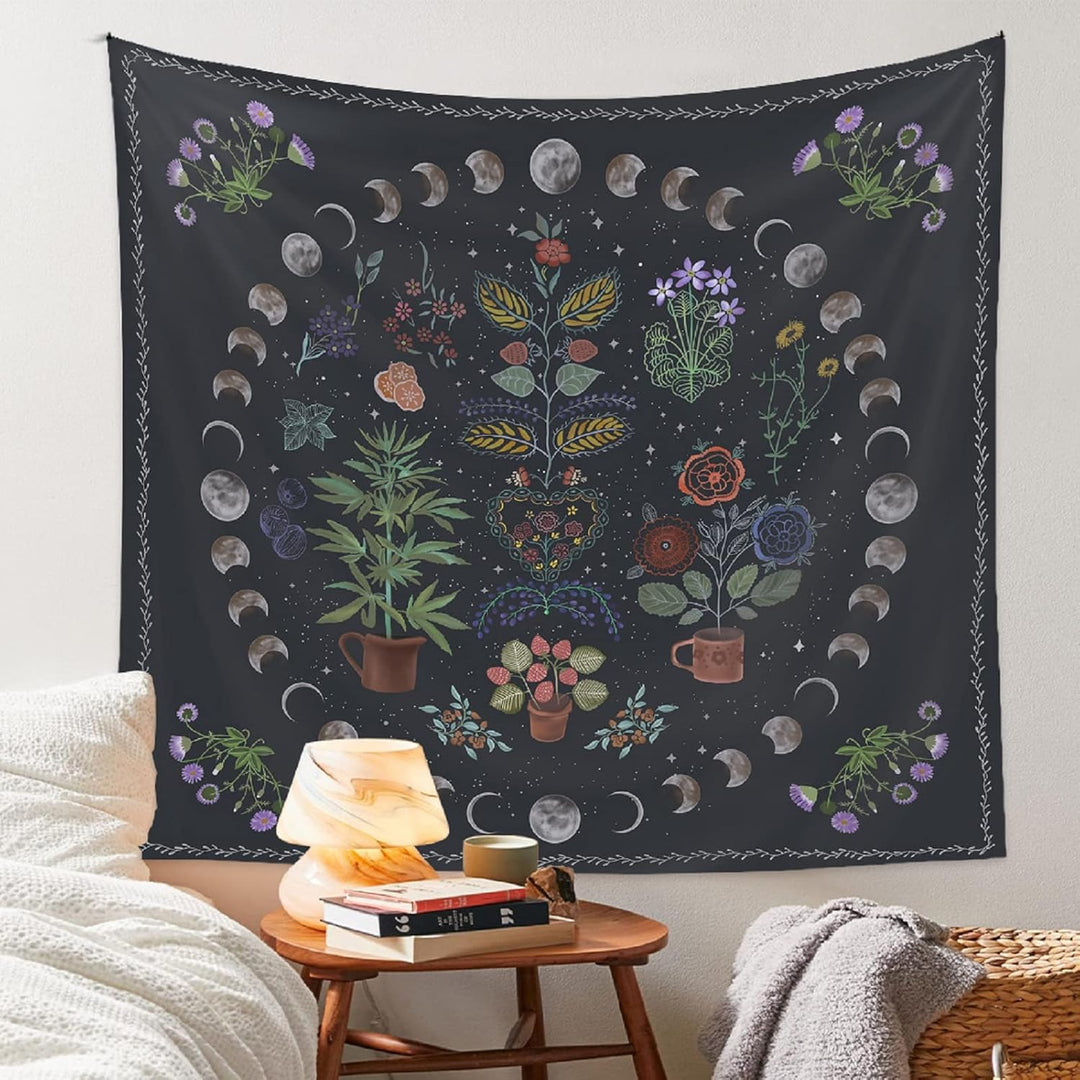 VibeCore Botanical Lunar Cycle Tapestry On Bedroom Wall