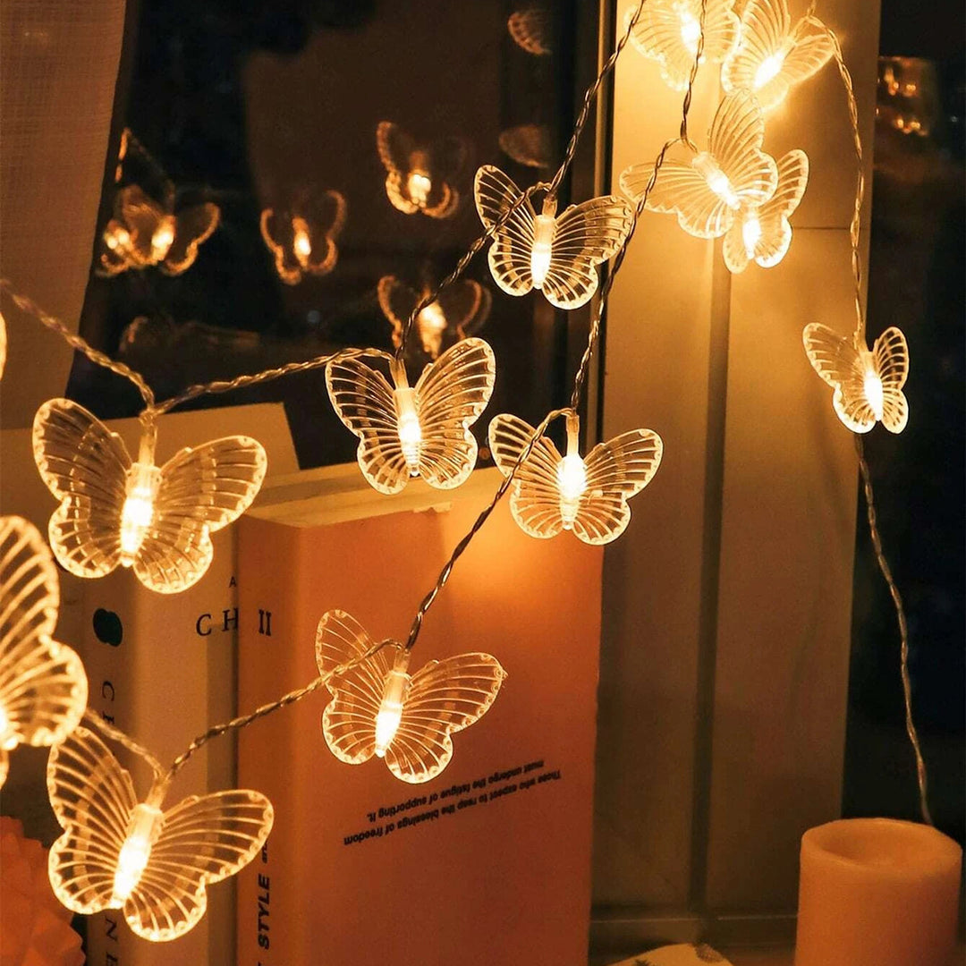 VibeCore Butterfly String Lights featuring delicate butterfly designs, glowing with a warm white light, creating a cozy and charming atmosphere.