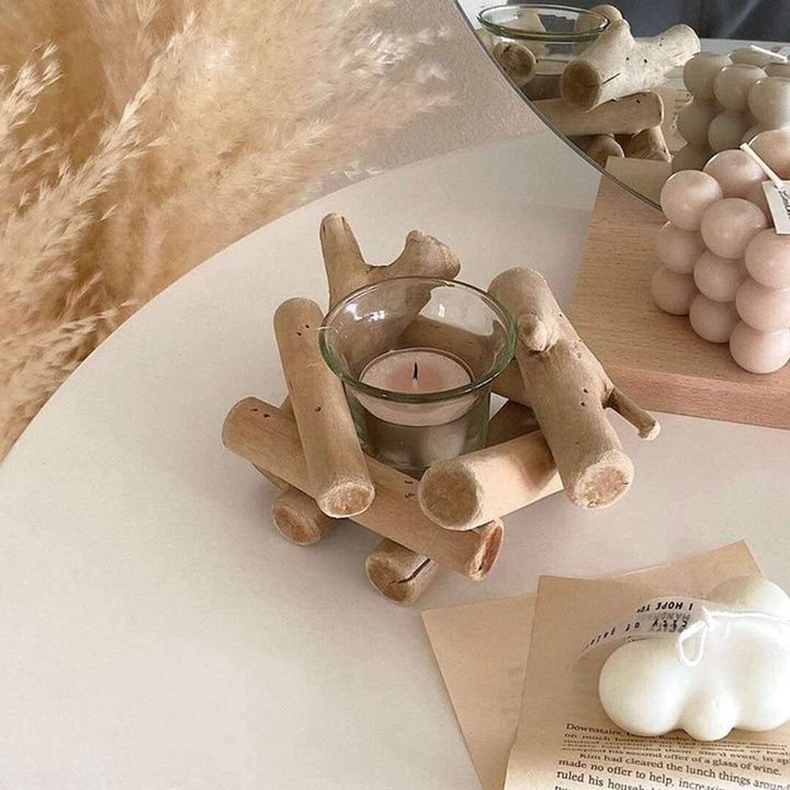 VibeCore Campfire Candle Holder with Unlit Candle in It, rustic wood design, modern elegance, non-slip base for stability, durable construction, perfect for creating cozy ambiance and stylish decor.