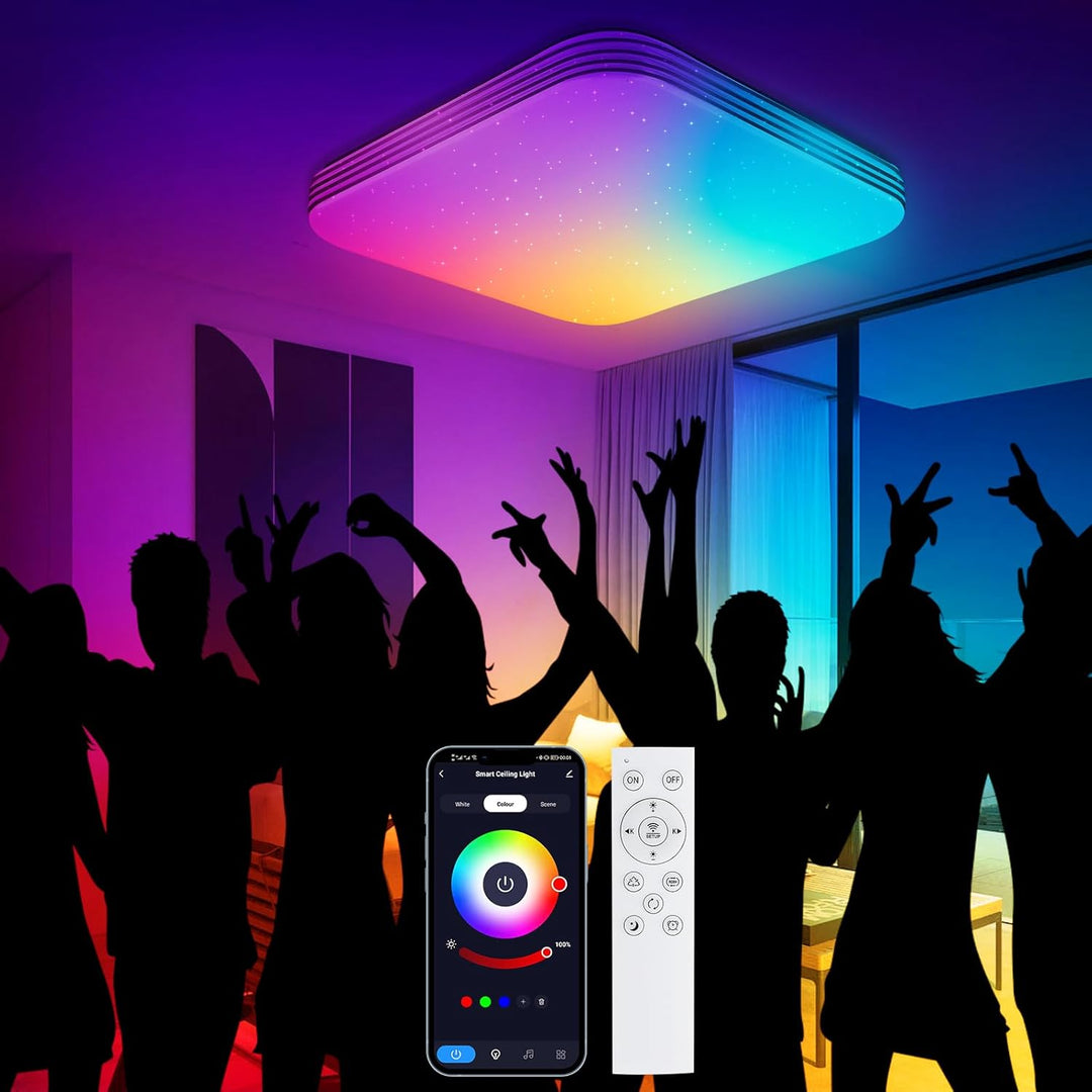 VibeCore RGB Color-Changing Ceiling Light with app and remote control, showcasing adjustable colors and brightness settings for customizable ambiance.