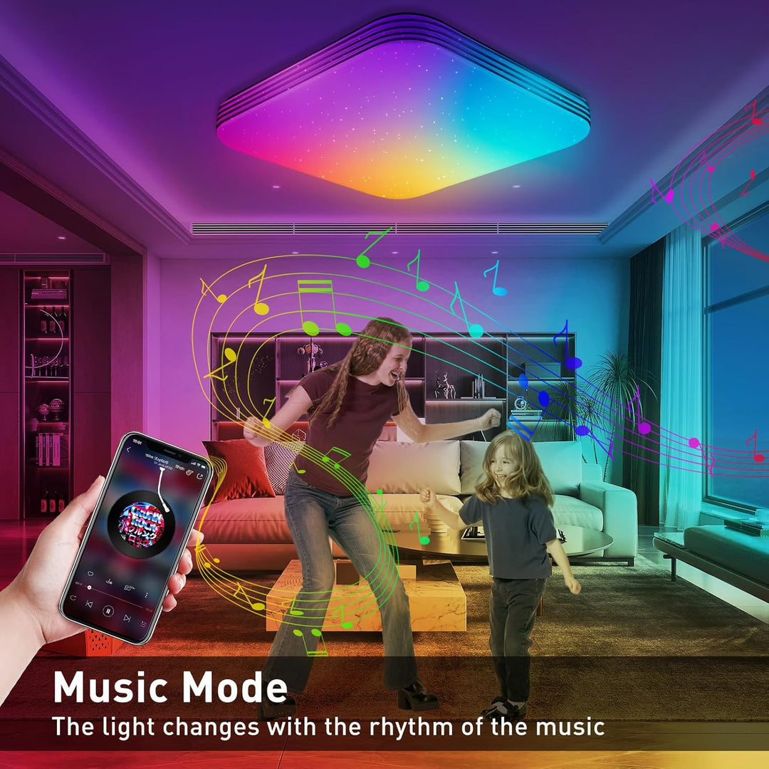 VibeCore Ceiling LED Color-Changing Light in music sync mode, flashing and changing colors to the rhythm of music for an immersive atmosphere.