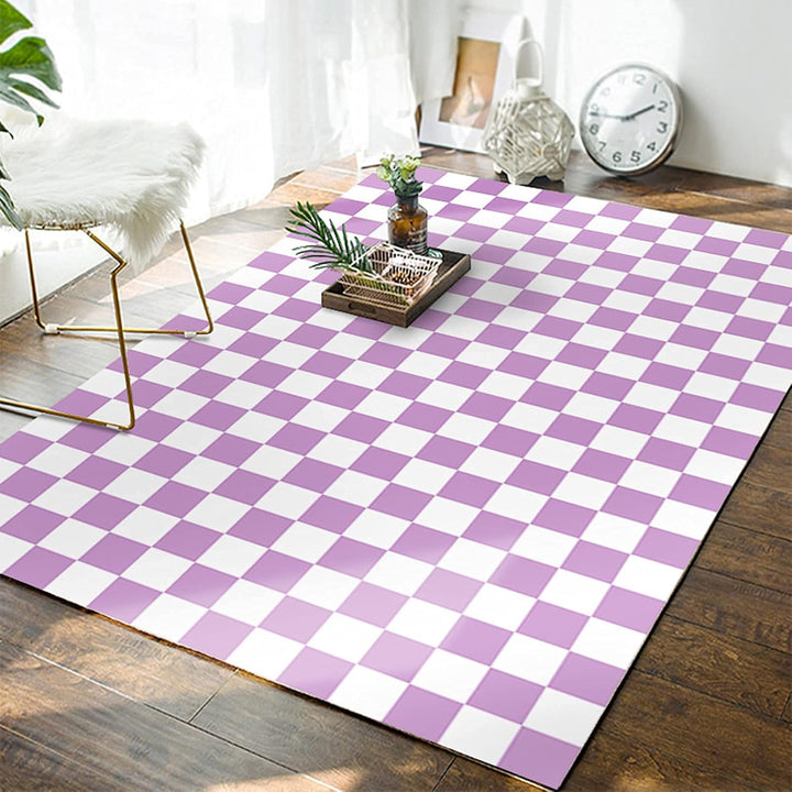 VibeCore Checkerboard Area Rug in Purple, showcasing a bold, modern design with a purple and white checkerboard pattern, perfect for adding a striking touch to any room.