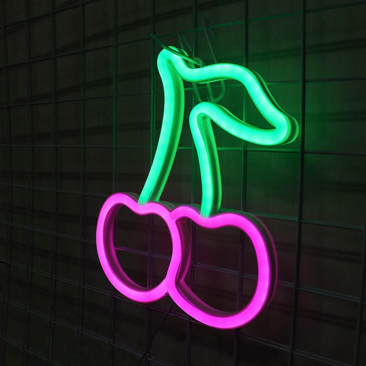 Aesthetic VibeCore Cherry Neon Light in pink on the wall, USB or battery-powered LED sign for trendy bedroom, dorm, or lounge decor, adding a playful, vibrant glow to elevate your space.