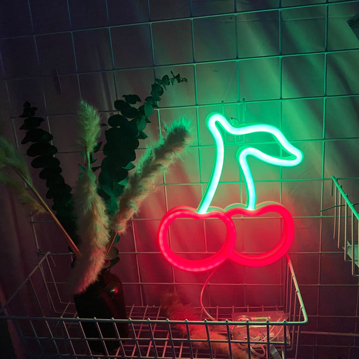 Aesthetic VibeCore Cherry Neon Light in red, placed in a room, USB or battery-powered LED sign for trendy bedroom, dorm, or lounge decor, adding a playful, vibrant glow to elevate your space.
