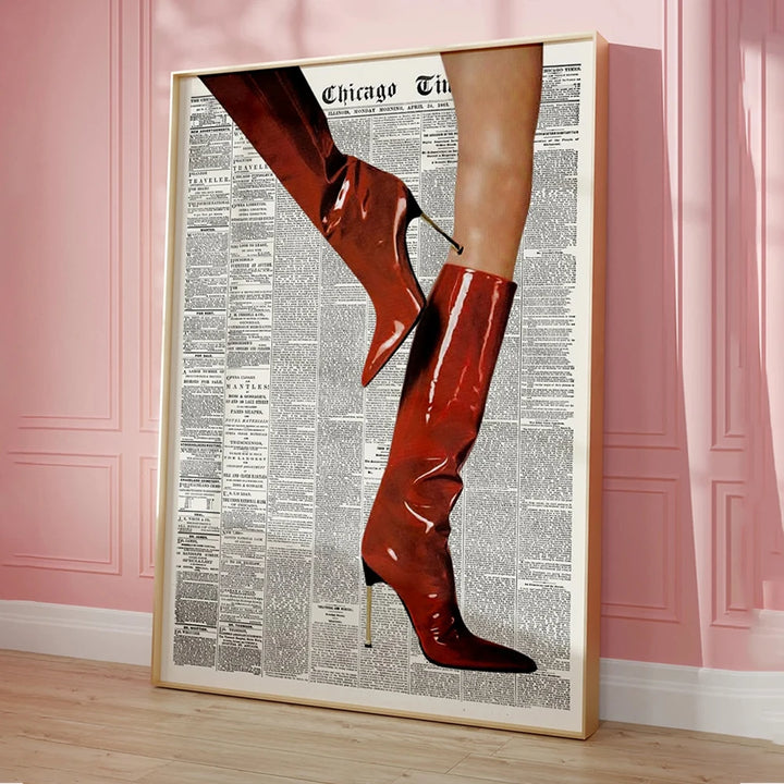 VibeCore Chic Newspaper Boots Canvas Print Option A