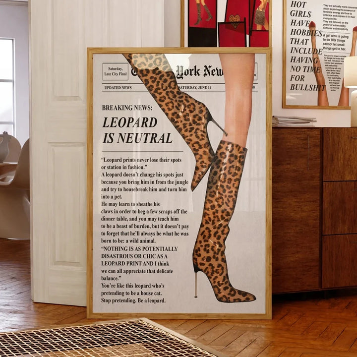 VibeCore Chic Newspaper Boots Canvas Print Option B Against Dresser