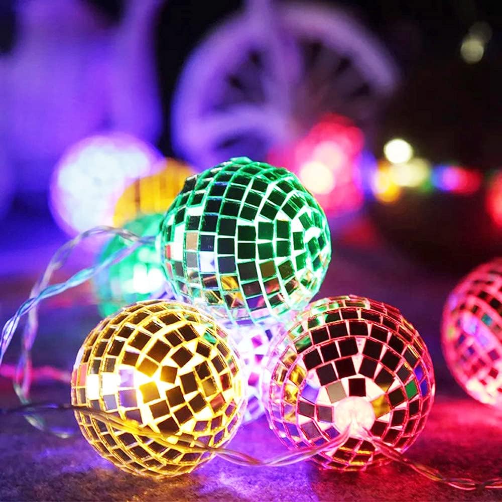 VibeCore Colorful Disco Ball String Lights, featuring vibrant multicolor disco balls on a USB-powered string, perfect for creating a fun, playful atmosphere in your room.