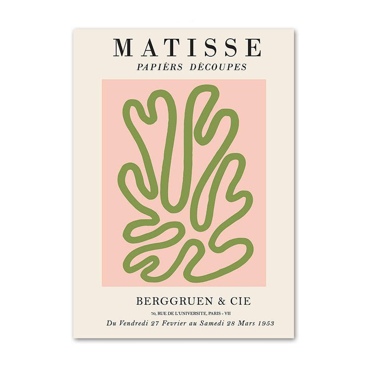 "VibeCore Colorful Matisse Canvas Poster" featuring Matisse's iconic papiers découpés in pastel pink. This vibrant, modern artwork showcases bold abstract shapes and fluid lines, capturing the essence of Matisse’s cut-out style. The soft pink tones add a calming yet striking element to any bedroom, dorm, or apartment decor, bringing a contemporary artistic flair to the space.