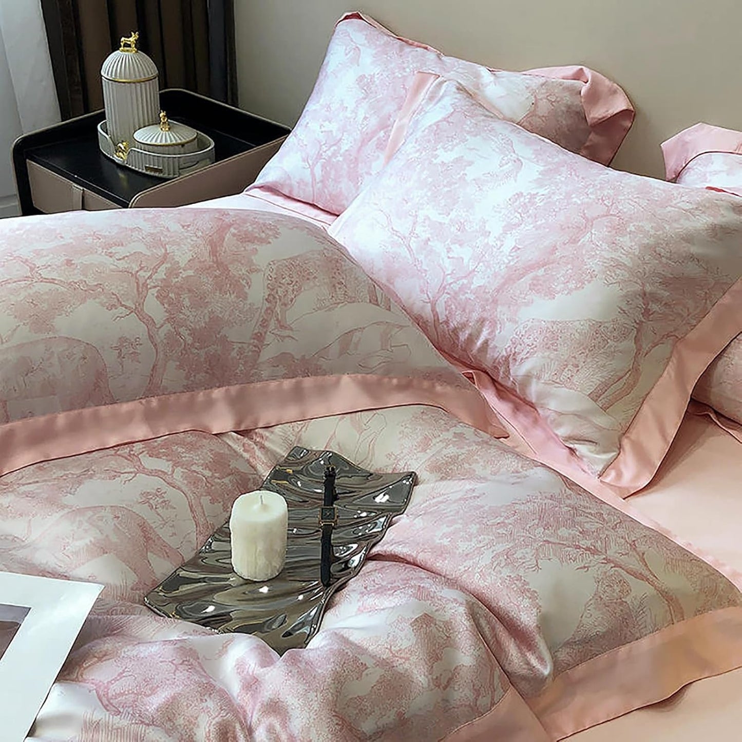 VibeCore Cooling Lyocell French Toile Duvet Cover Set Baby Pink Close Up Side View