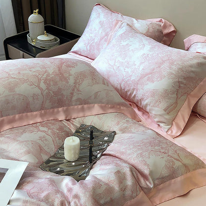VibeCore Cooling Lyocell French Toile Duvet Cover Set Baby Pink Close Up Side View