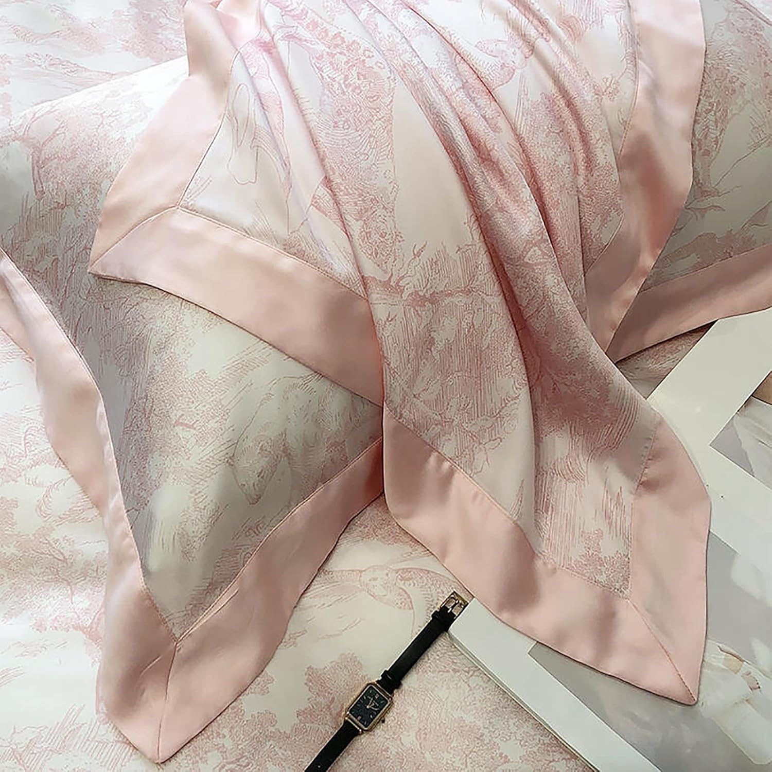 VibeCore Cooling Lyocell French Toile Duvet Cover Set Baby Pink Material Close Up