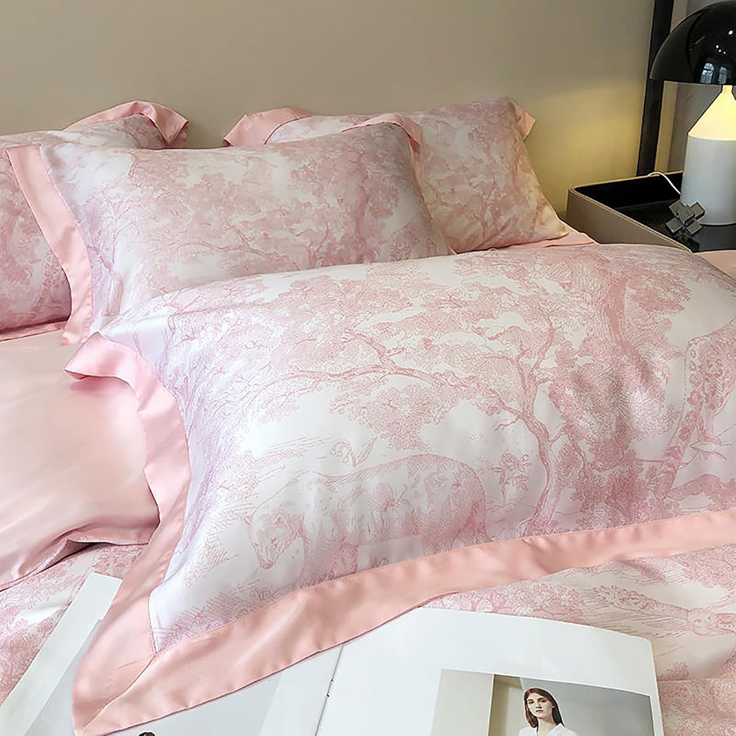 VibeCore Cooling Lyocell French Toile Duvet Cover Set Baby Pink Pillowcase Close Up