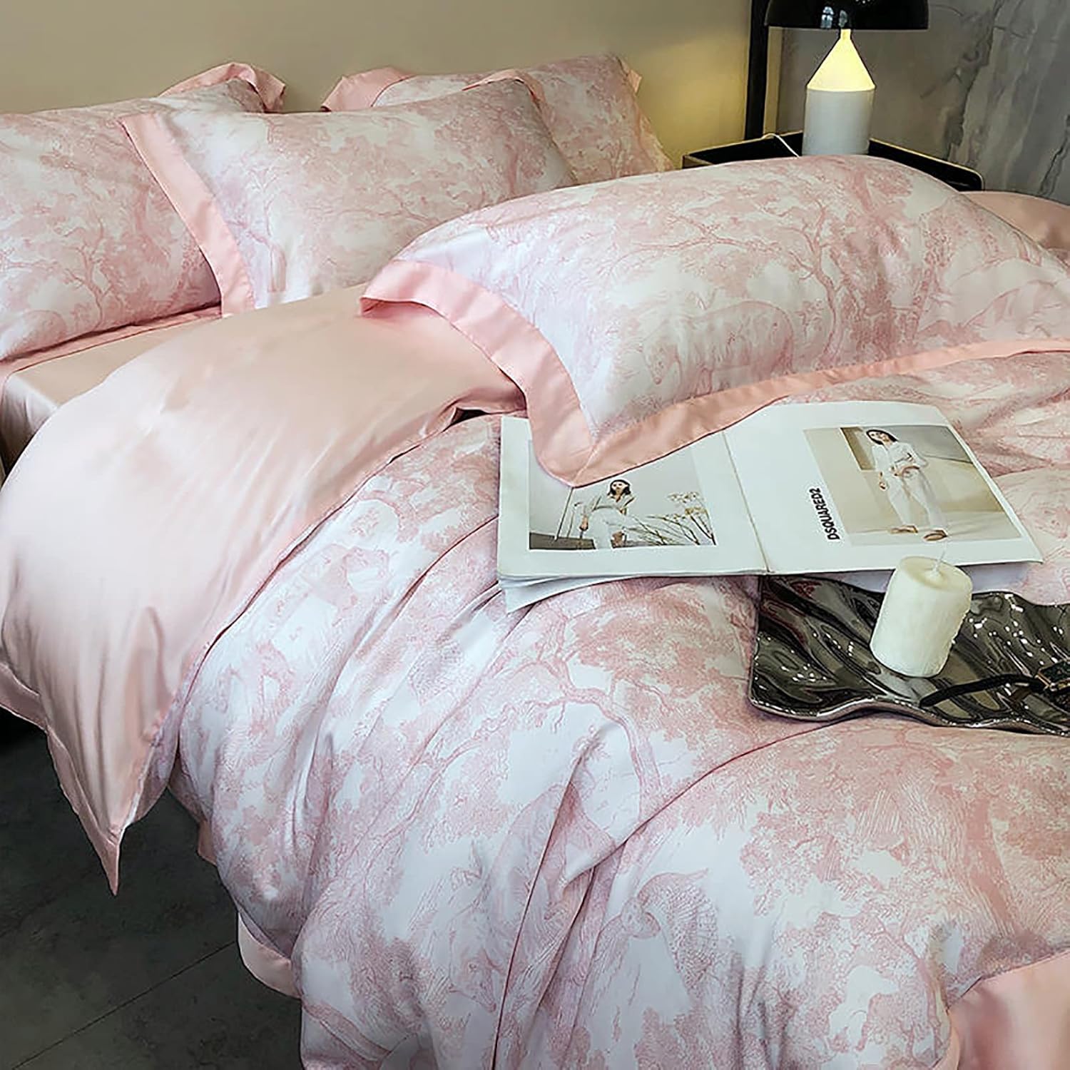 VibeCore Cooling Lyocell French Toile Duvet Cover Set Baby Pink Side Aerial View