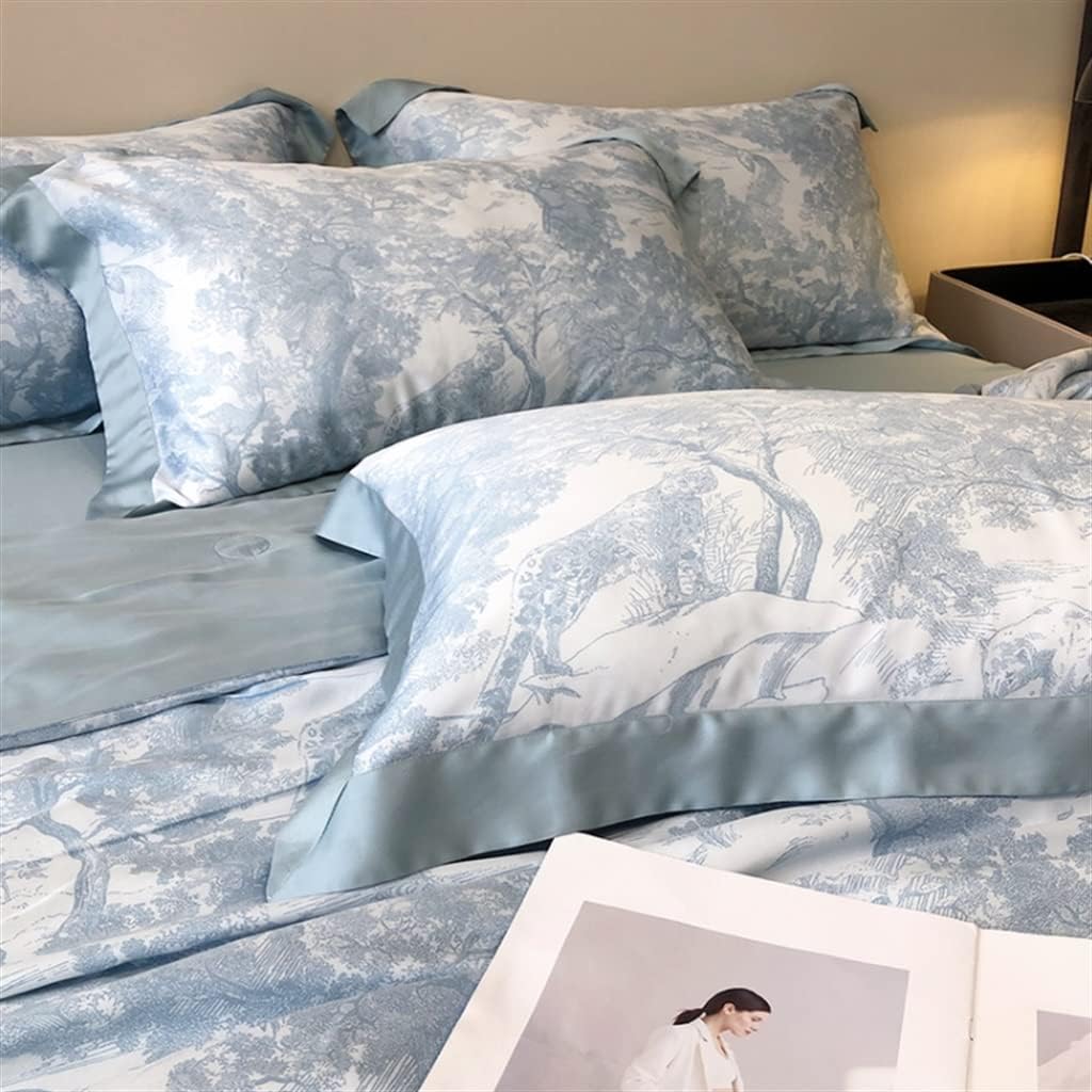 VibeCore Cooling Lyocell French Toile Duvet Cover Set Blue Gray Close Up View