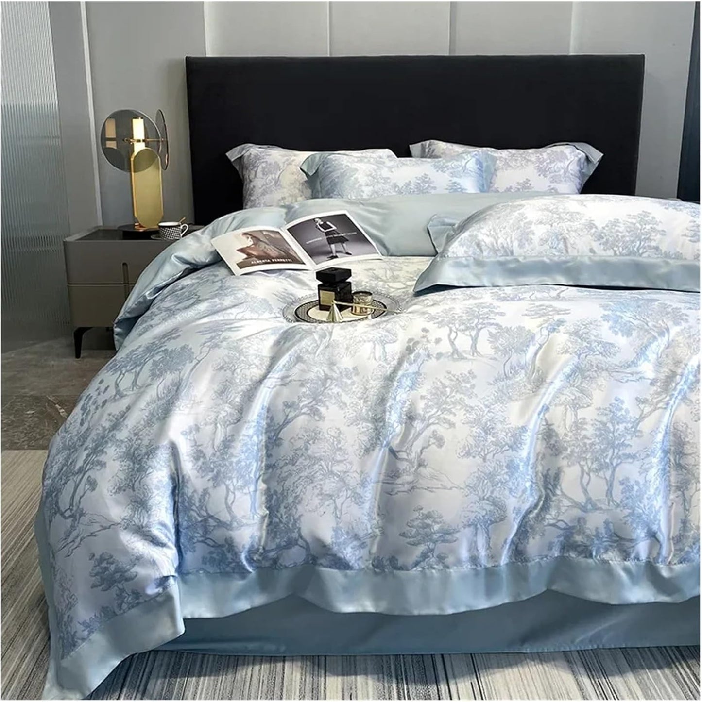 VibeCore Cooling Lyocell French Toile Duvet Cover Set Blue Gray Front Close Up View