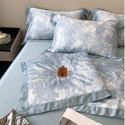 VibeCore Cooling Lyocell French Toile Duvet Cover Set Blue Gray Pattern Aerial Close Up