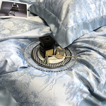 VibeCore Cooling Lyocell French Toile Duvet Cover Set Blue Gray Pattern Close Up