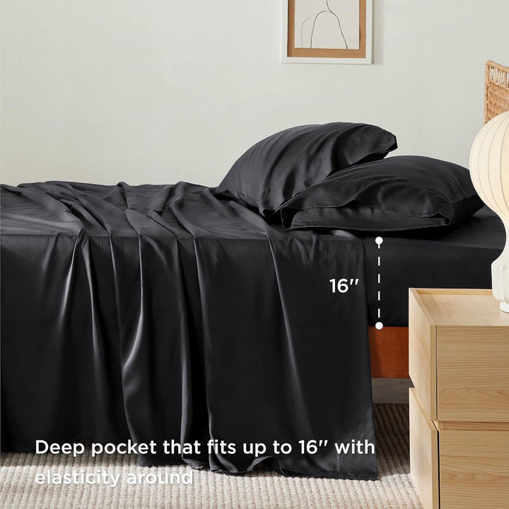 VibeCore Cooling Organic Bamboo Fiber Bed Sheet Set Black Deep Pocket Fitted Sheet