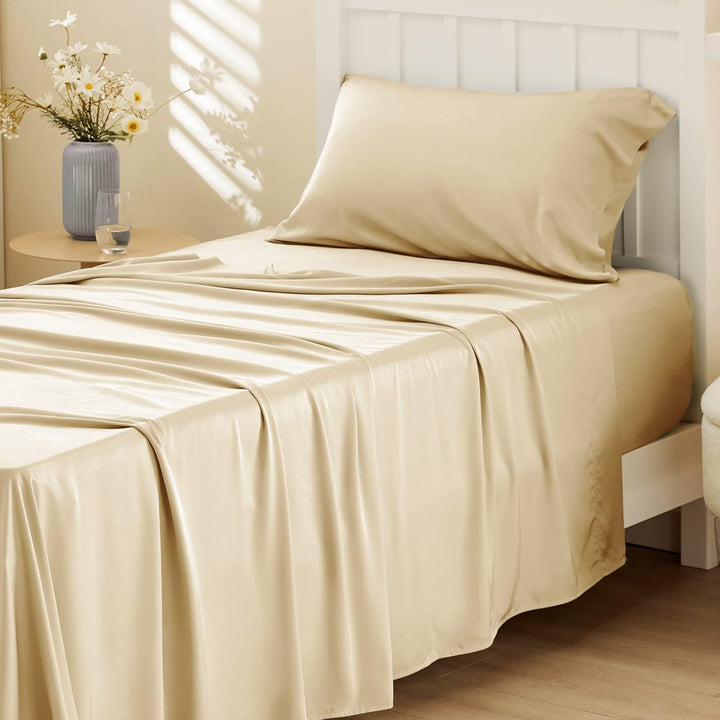 VibeCore Cooling Organic Bamboo Fiber Bed Sheet Set Cream Side View