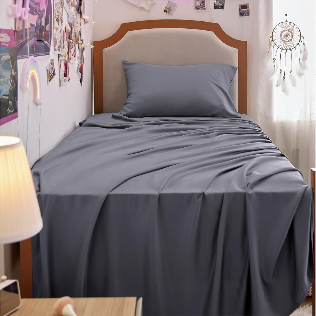 VibeCore Cooling Organic Bamboo Fiber Bed Sheet Set Dark Gray In Dorm Front View