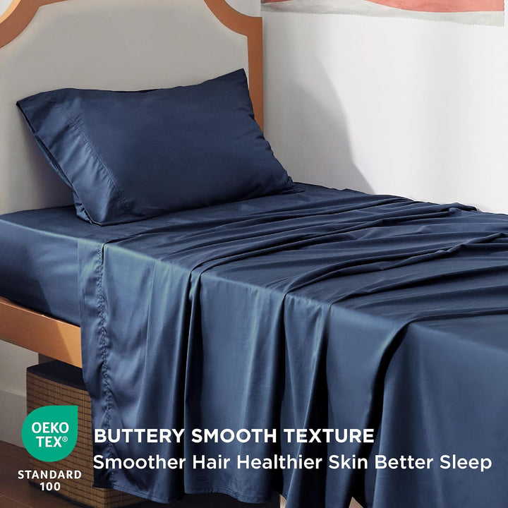 VibeCore Cooling Organic Bamboo Fiber Bed Sheet Set Navy Buttery Smooth Texture