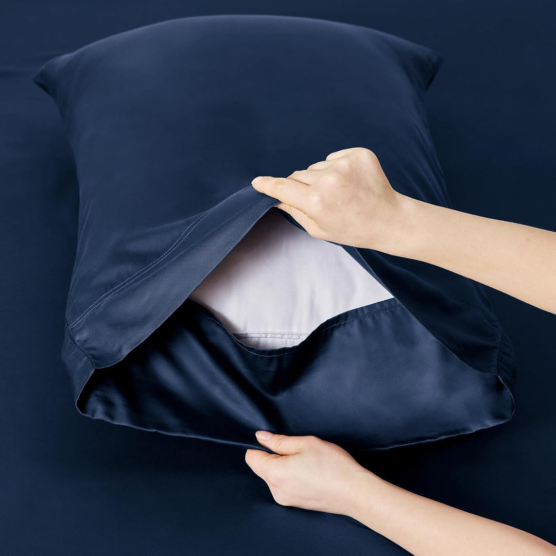 VibeCore Cooling Organic Bamboo Fiber Bed Sheet Set Navy Pillowcase