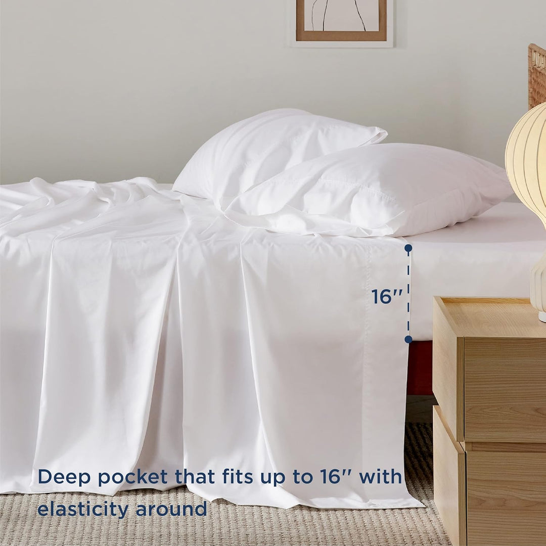 VibeCore Cooling Organic Bamboo Fiber Bed Sheet Set White Deep Pocket Fitted Sheet