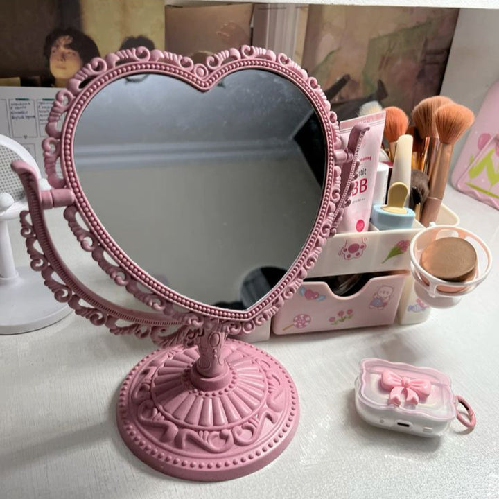 VibeCore Coquette Heart Mirror Light Pink On Dresser