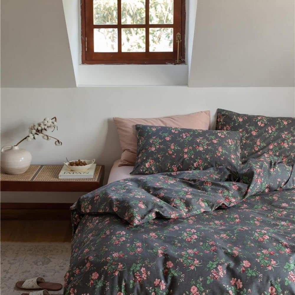 VibeCore Cottagecore Black Floral Duvet Cover Set, front left view showcasing intricate floral patterns on a black backdrop, offering a cozy and vintage-inspired aesthetic for any bedroom or dorm.