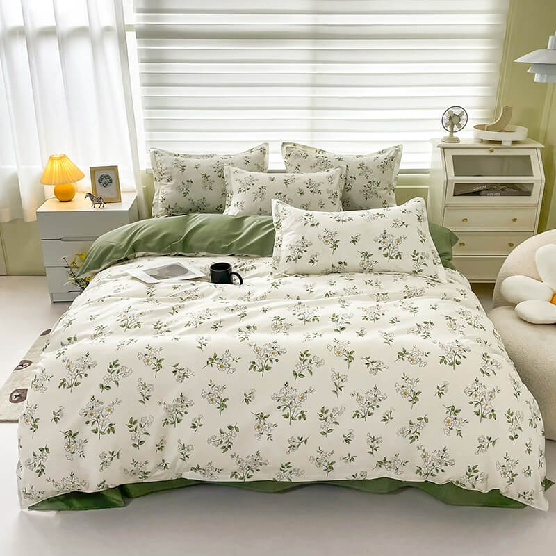 Aerial view of the VibeCore Cottagecore Chamomile Flower Duvet Cover Set, displaying the intricate chamomile floral pattern on soft, breathable fabric, ideal for creating a warm and inviting aesthetic bedroom and dorm ambiance.