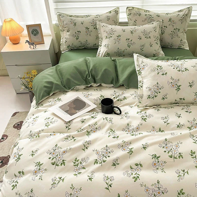Aerial view of the VibeCore Cottagecore Chamomile Flower Duvet Cover Set, showcasing the delicate chamomile floral pattern on soft, breathable fabric, perfect for creating a cozy, rustic bedroom ambiance.