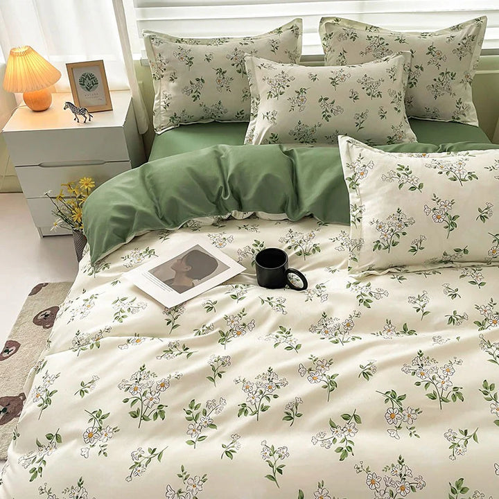 Aerial view of the VibeCore Cottagecore Chamomile Flower Duvet Cover Set, showcasing the delicate chamomile floral pattern on soft, breathable fabric, perfect for creating a cozy, rustic bedroom ambiance.
