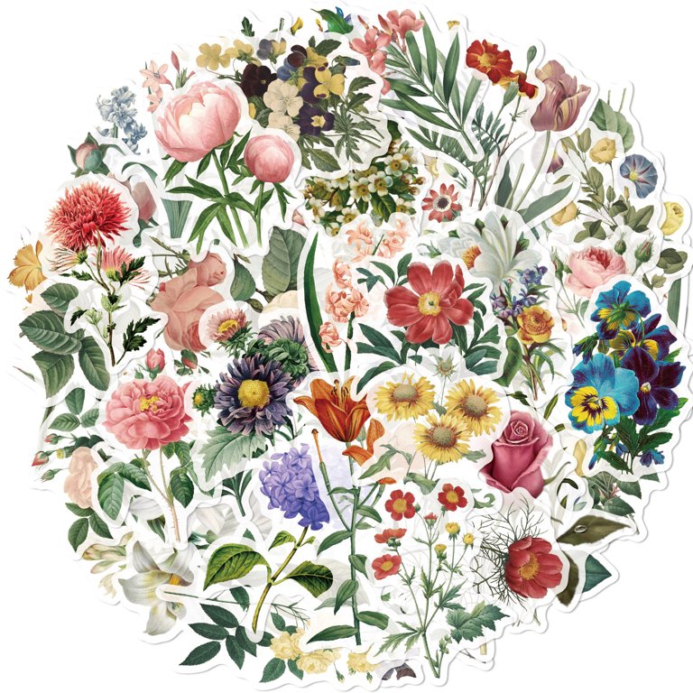 VibeCore Cottagecore Flowers Stickers Circular Cluster with 50 vintage, floral, nature-inspired designs. Perfect for personalizing laptops, phones, water bottles, and accessories.