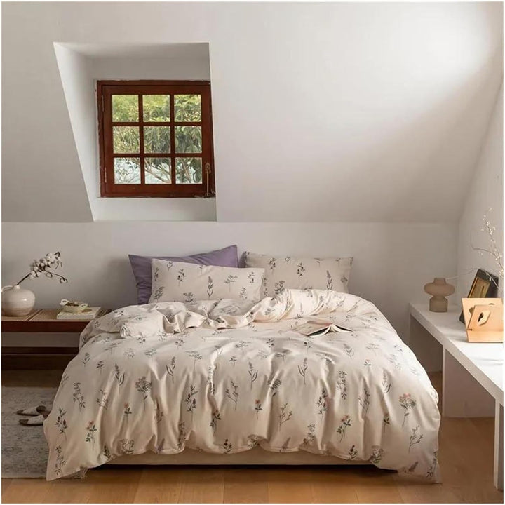 Aerial view of the VibeCore Cottagecore Gentle Blossom Duvet Cover Set, featuring a soft, nature-inspired floral design on super-soft, breathable cotton fabric that brings cozy, cottagecore vibes to your bedroom or dorm decor.