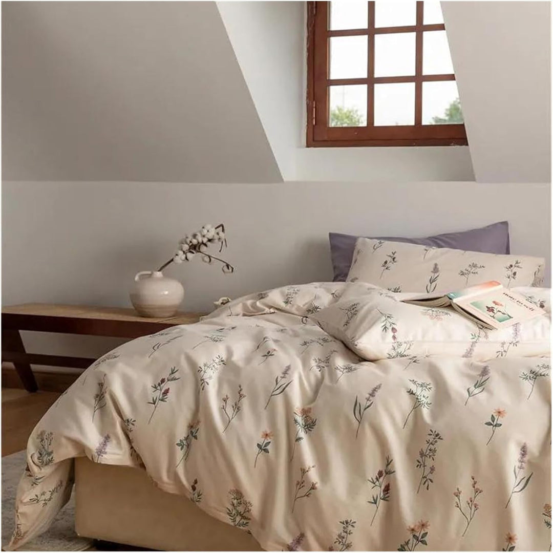 Front view of the VibeCore Cottagecore Gentle Blossom Duvet Cover Set, showcasing its delicate floral pattern and super-soft, breathable cotton fabric that adds a touch of nature-inspired charm to your bedroom decor.