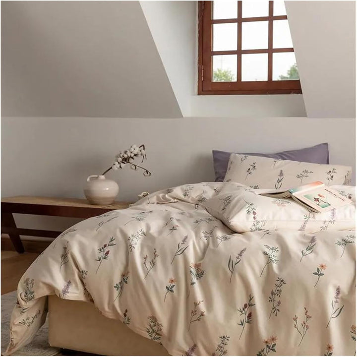Front view of the VibeCore Cottagecore Gentle Blossom Duvet Cover Set, showcasing its delicate floral pattern and super-soft, breathable cotton fabric that adds a touch of nature-inspired charm to your bedroom decor.