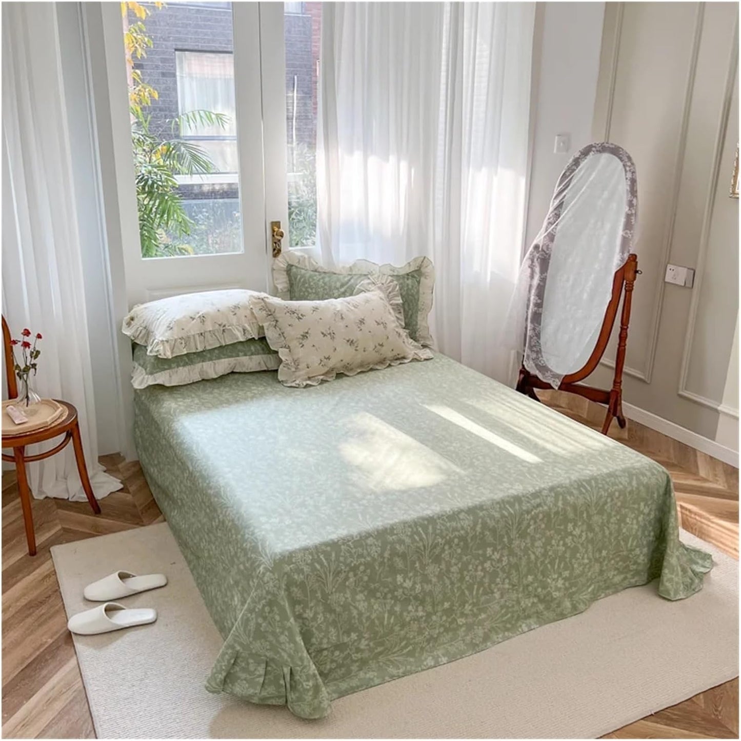 Close-up of the VibeCore Cottagecore Green Garden Double-Sided Duvet Cover Set sheet, showcasing its soft, breathable fabric with a charming green garden design on one side, adding a cozy, nature-inspired touch to your bedroom or dorm decor.