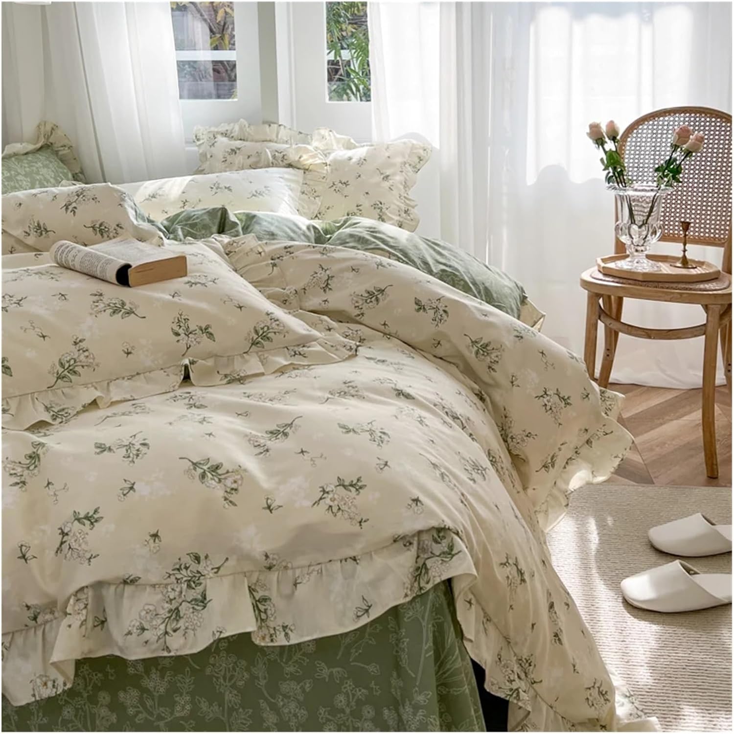 Front-right view of the VibeCore Cottagecore Green Garden Double-Sided Duvet Cover Set, highlighting the fresh, nature-inspired green garden design with soft, breathable fabric for a cozy, aesthetic vibe in your bedroom or dorm.