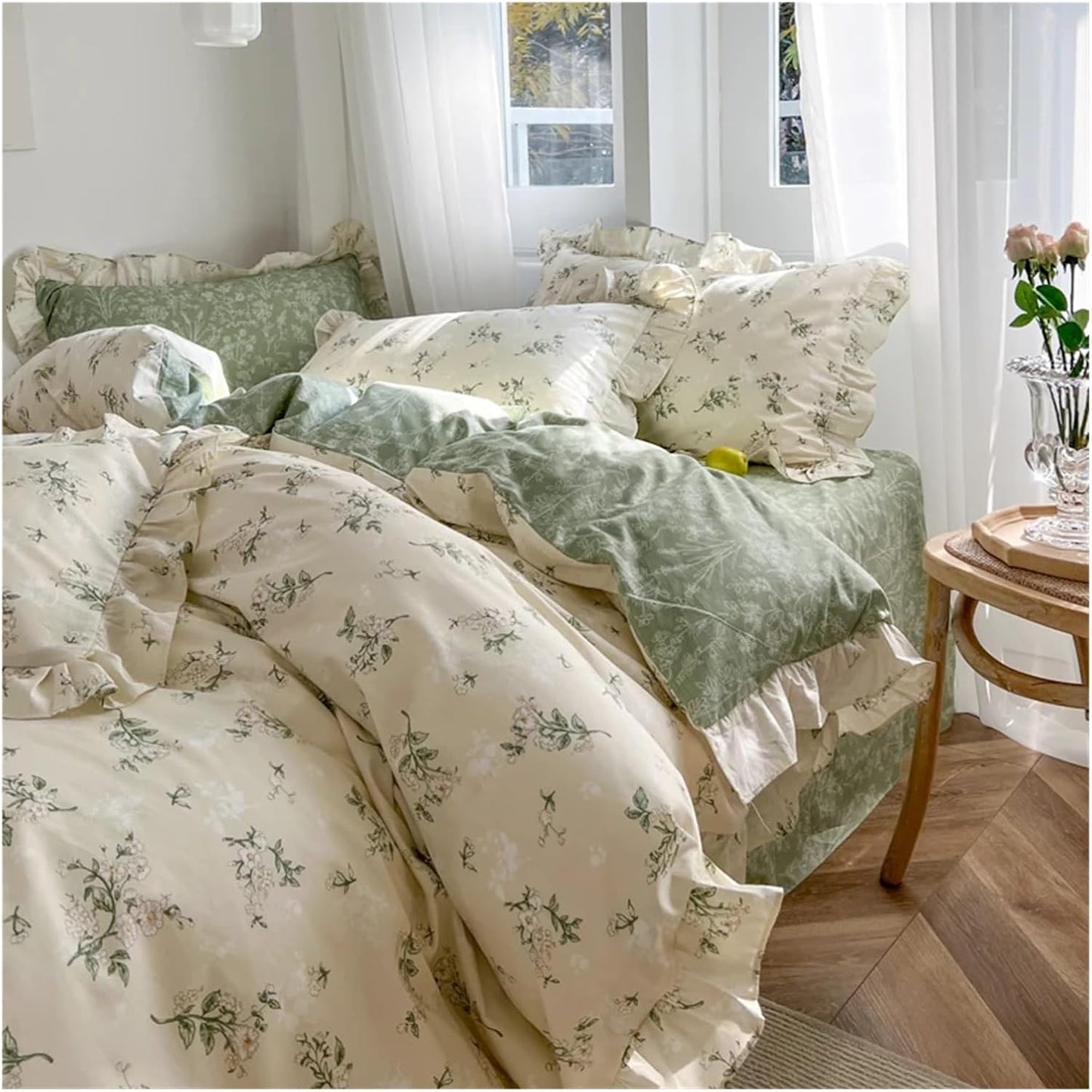 Side view of the VibeCore Cottagecore Green Garden Double-Sided Duvet Cover Set, showcasing its charming garden pattern and soft, eco-friendly fabric for a cozy, nature-inspired look in your bedroom or dorm.