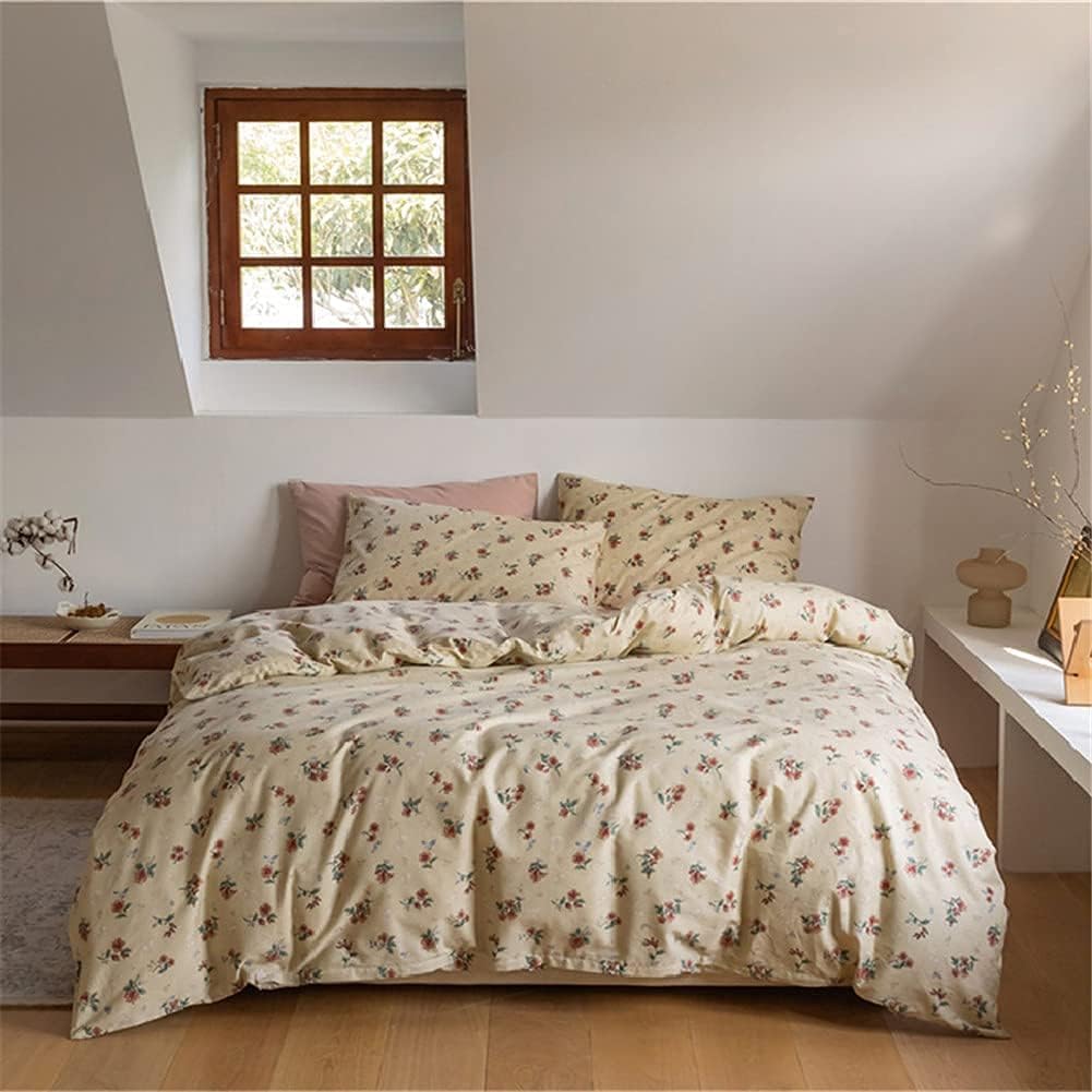 Aerial view of the VibeCore Cottagecore Vintage Floral Duvet Cover Set, featuring a delicate vintage floral design that brings a soft, rustic charm to your bedroom or dorm. The intricate patterns and cozy fabric make it a perfect addition to any cottagecore-inspired space.