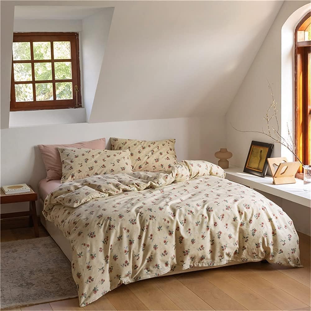 Full view of the VibeCore Cottagecore Vintage Floral Duvet Cover Set, highlighting its intricate floral pattern and soft fabric. This duvet cover set offers a charming, vintage-inspired look that adds a cozy, rustic touch to any bedroom.