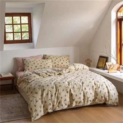 Full view of the VibeCore Cottagecore Vintage Floral Duvet Cover Set, highlighting its intricate floral pattern and soft fabric. This duvet cover set offers a charming, vintage-inspired look that adds a cozy, rustic touch to any bedroom.
